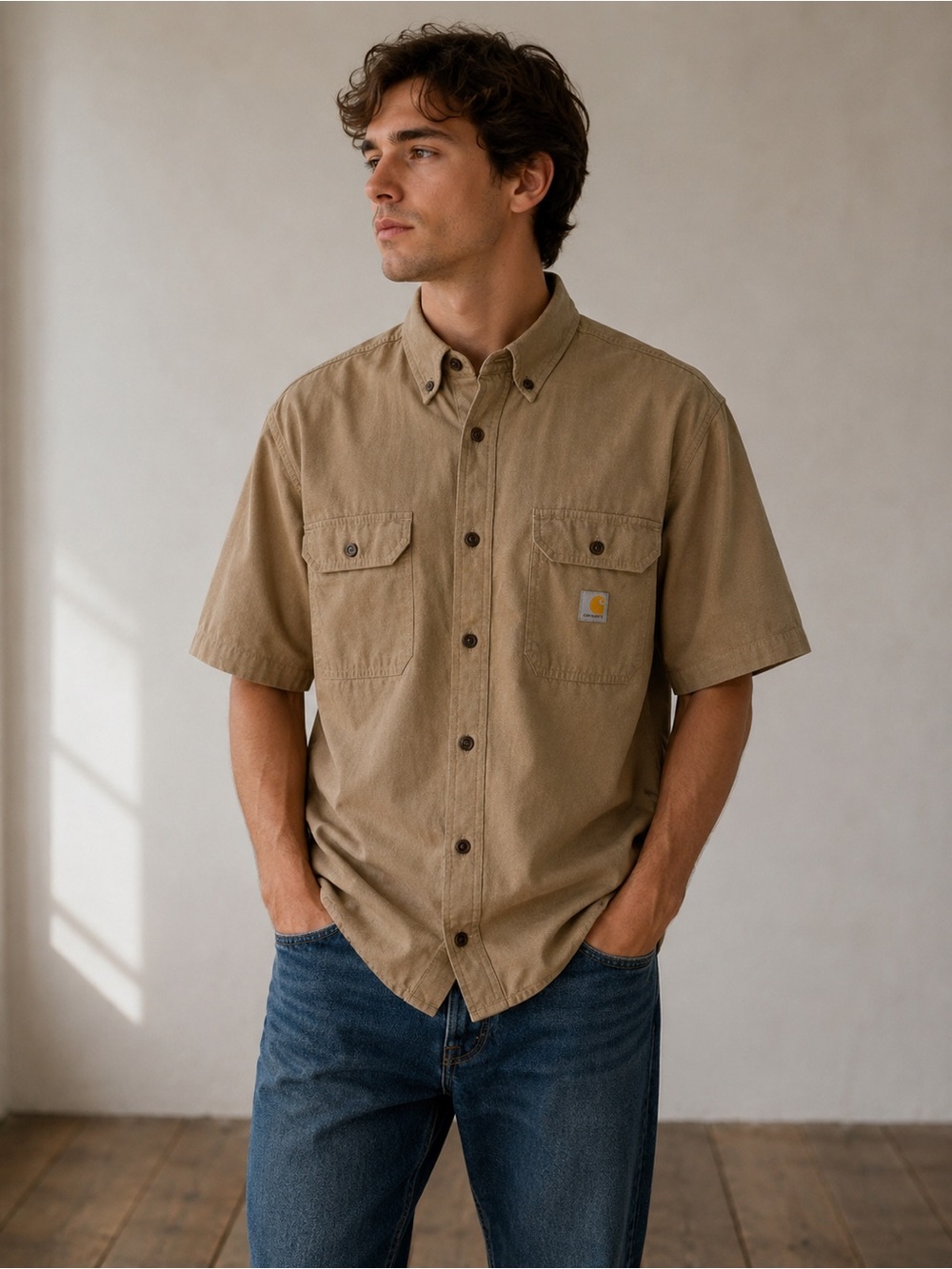 Carhartt Loose Fit Work Shirt Men L Tan Short Sleeve Button Front Cotton Utility